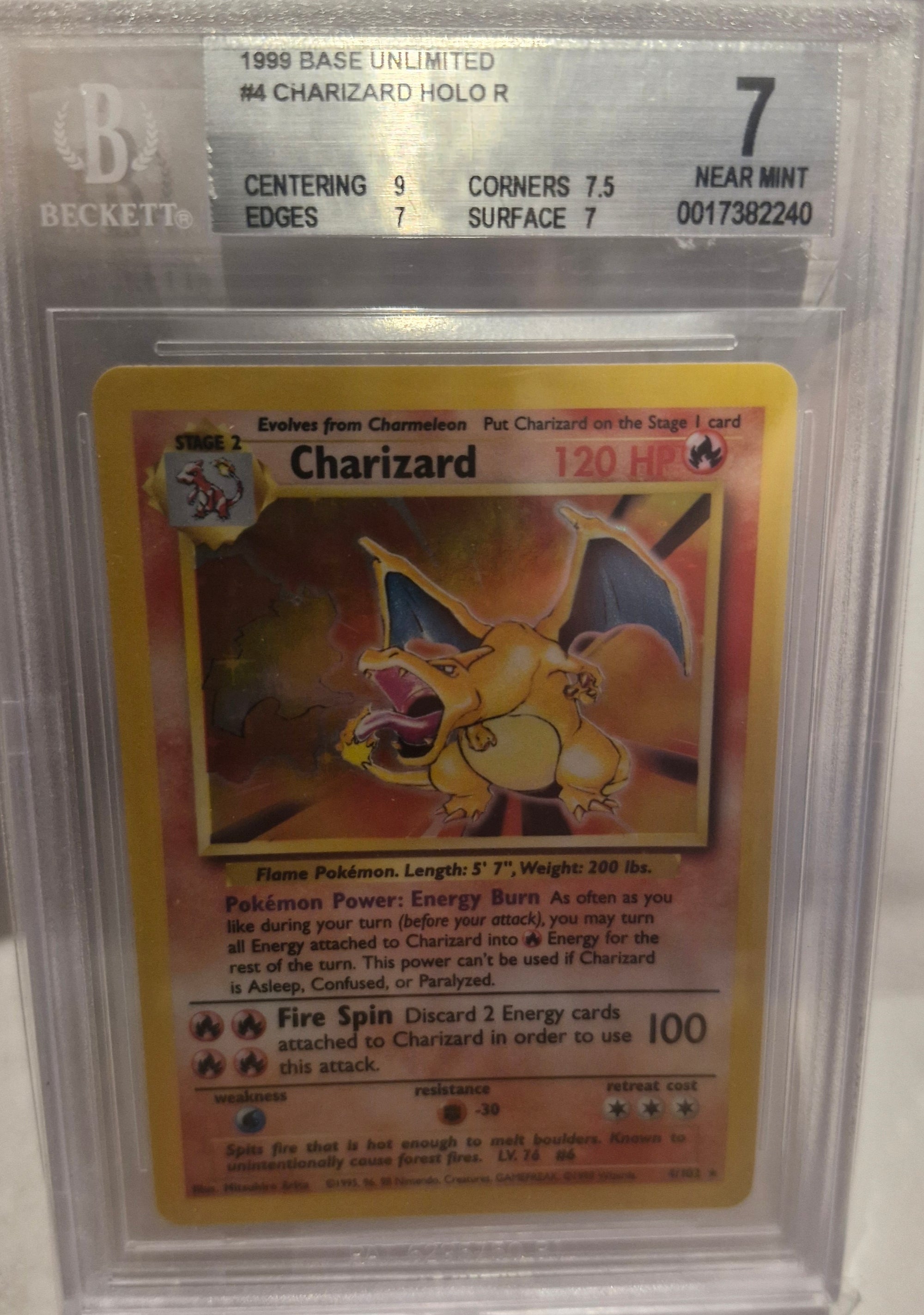 1999 POKEMON BASE UNLIMITED CHARIZARD HOLO R BECKETT 7 NEAR MINT